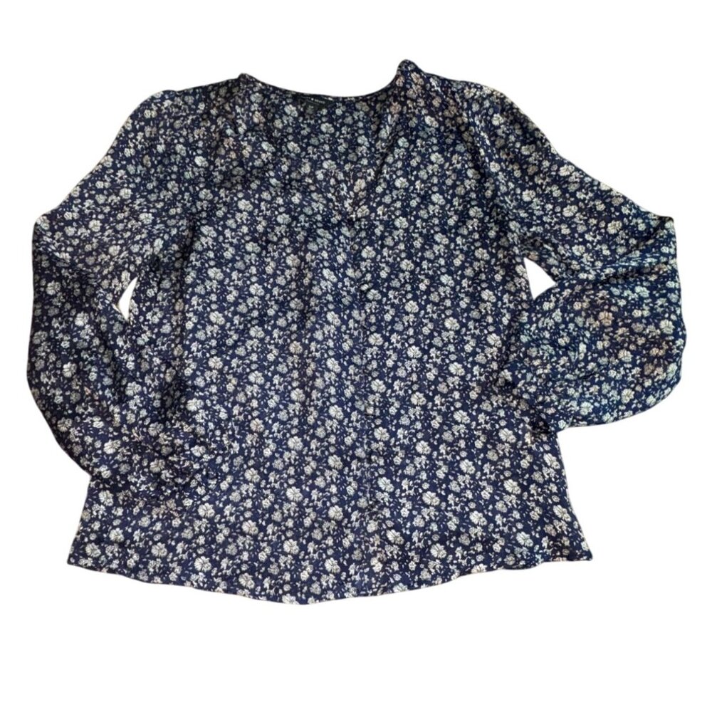 Lucky Brand Womens Floral Buttom Front Blouse W/ Balloon Sleeves-Blue-Size Small